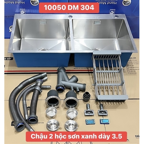CHẬU RỬA CHÉN 2 HỘC INOX 304 + VÒI RỬA CHÉN NÓNG LẠNH - 100x50cm 