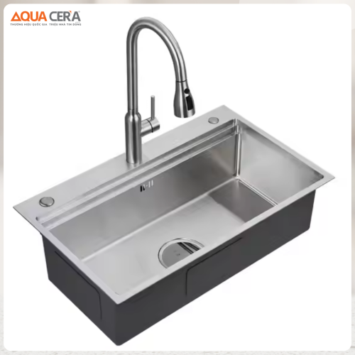 Chậu Rửa Chén 1 Hộc Giật Cấp Inox 304 Dày 3.5mm AQUACERA-8048DG