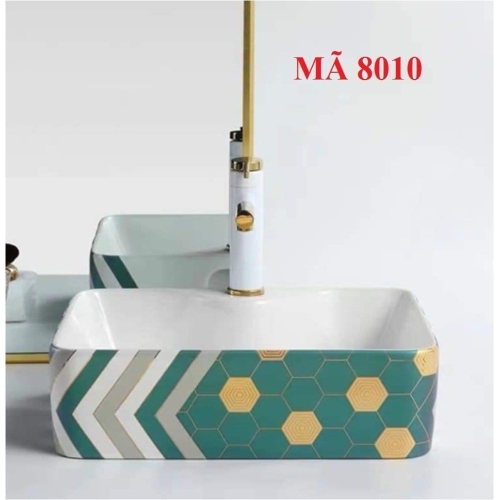 LAVABO CHẬU SỨ HOA VĂN TRẮNG KẺ XANH - 8010