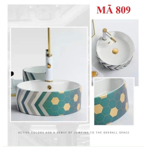 LAVABO CHẬU SỨ TRÒN HOA VĂN XANH - 809 