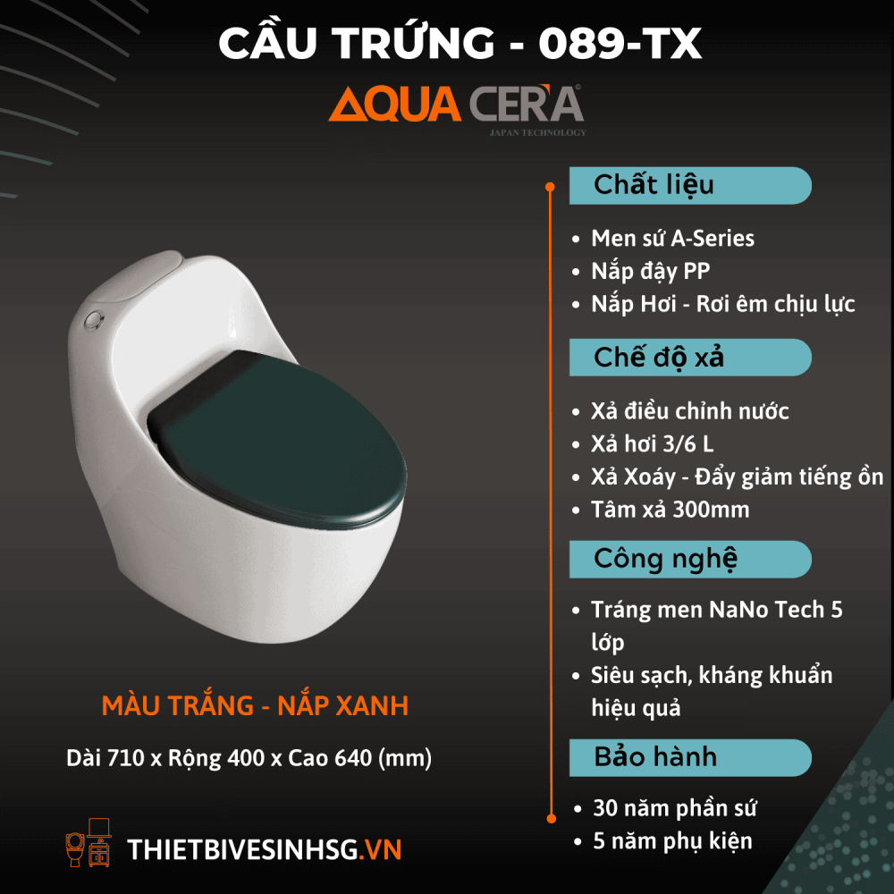 CẦU TRỨNG LIỀN KHỐI AQUA CERA TRẮNG NẮP XANH Mã SP 089-TX