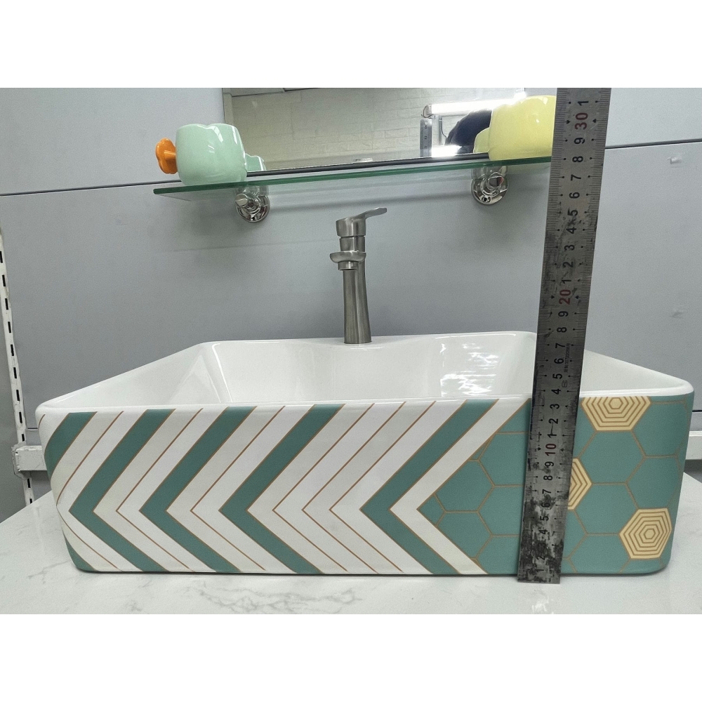 LAVABO CHẬU SỨ HOA VĂN TRẮNG KẺ XANH - 8010