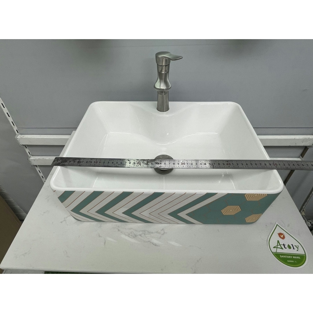 LAVABO CHẬU SỨ HOA VĂN TRẮNG KẺ XANH - 8010