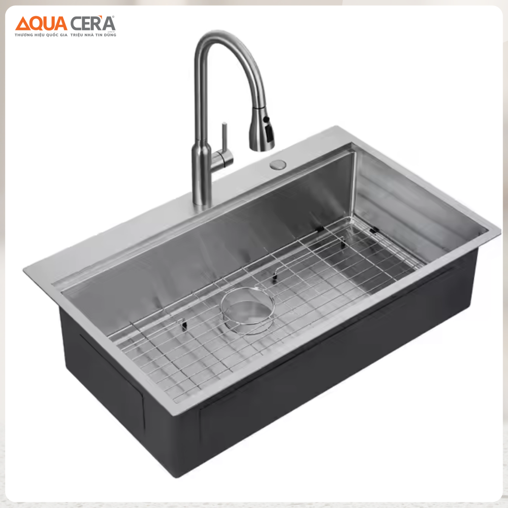 Chậu Rửa Chén 1 Hộc Giật Cấp Inox 304 Dày 3.5mm AQUACERA-8048DG