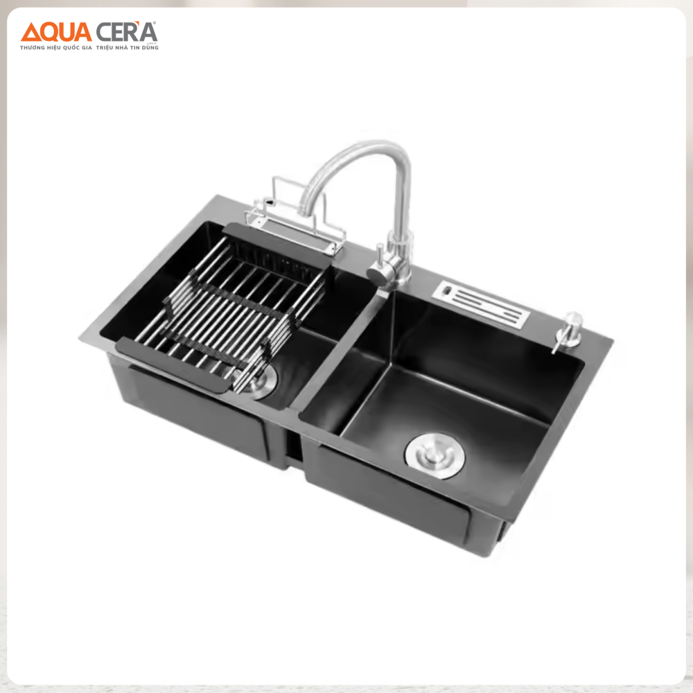 CHẬU RỬA CHÉN 2 HỘC NANO ĐEN - CÓ HỘC VẮT DAO - VÒI INOX LẠNH 8245AE