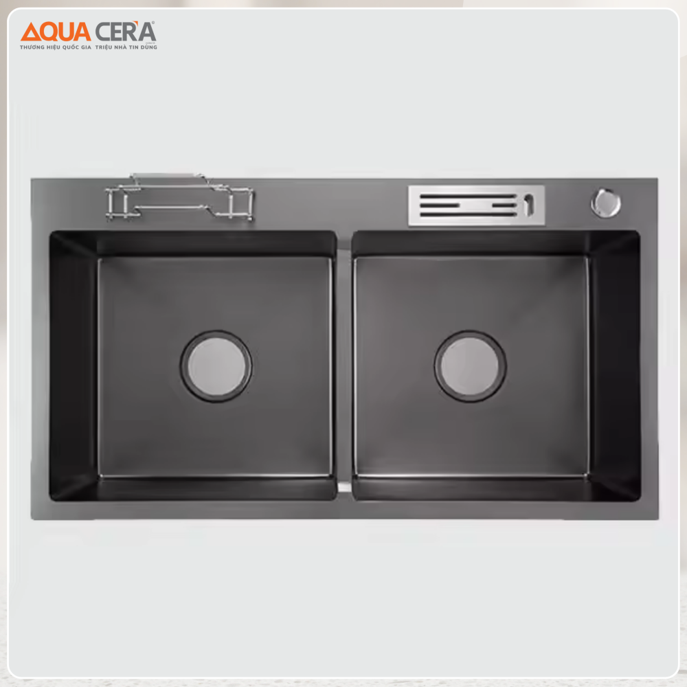 CHẬU RỬA CHÉN 2 HỘC NANO ĐEN - CÓ HỘC VẮT DAO - VÒI INOX LẠNH 8245AE
