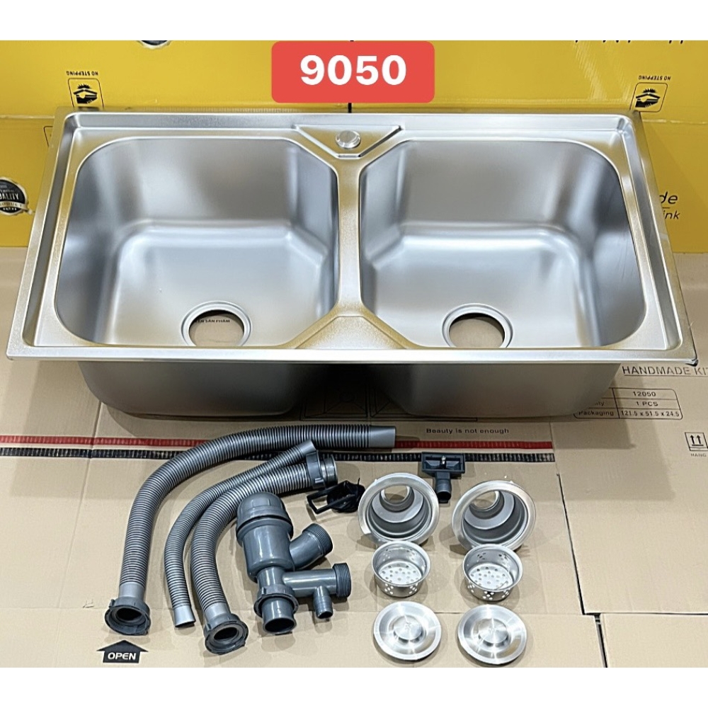 CHẬU RỬA CHÉN 2 HỘC INOX 304 DẬP + VÒI INOX LẠNH 90 x 50 cm