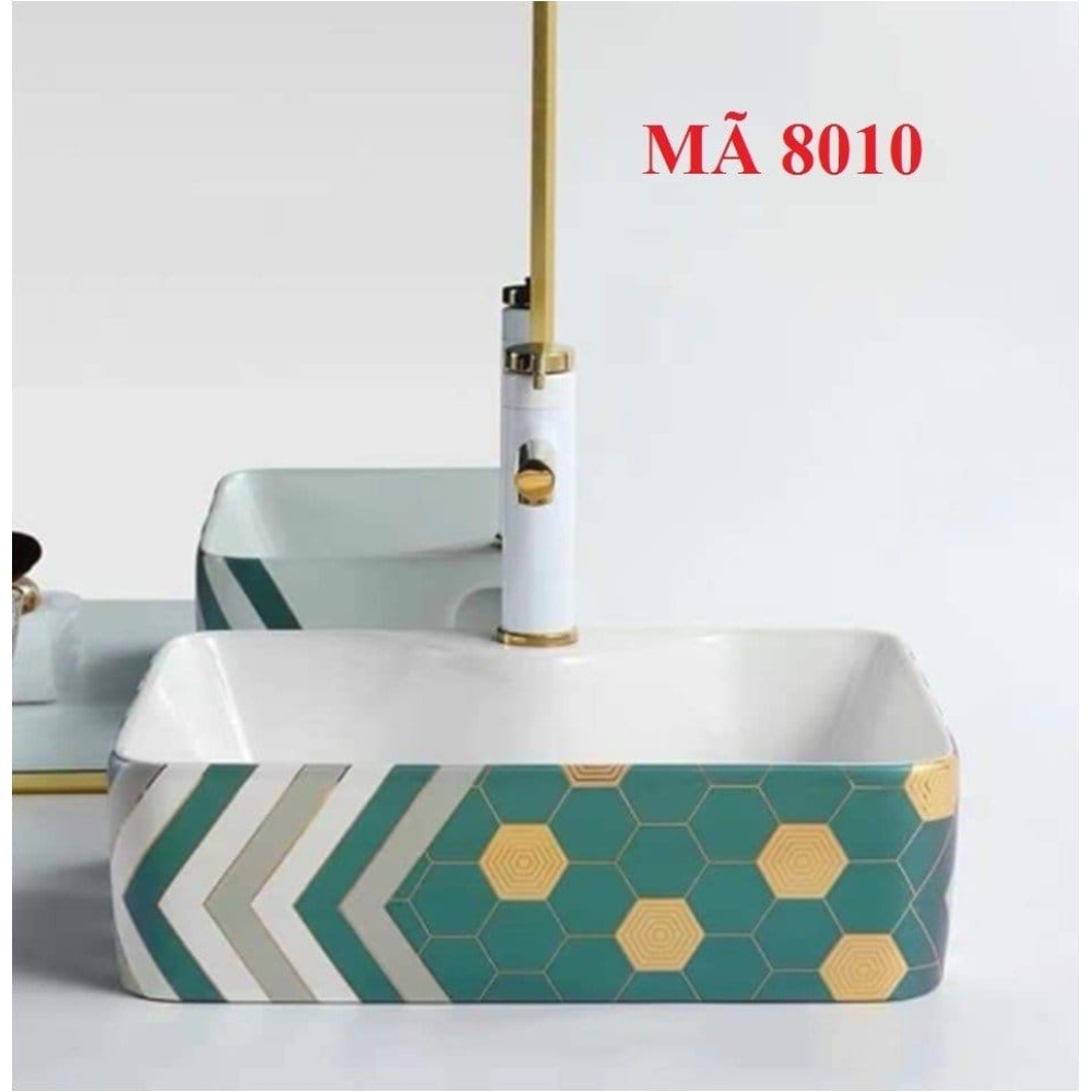LAVABO CHẬU SỨ HOA VĂN TRẮNG KẺ XANH - 8010