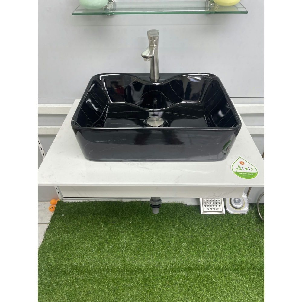 LAVABO CHẬU SỨ VUÔNG ĐEN - VÂN TRẮNG - M802-2