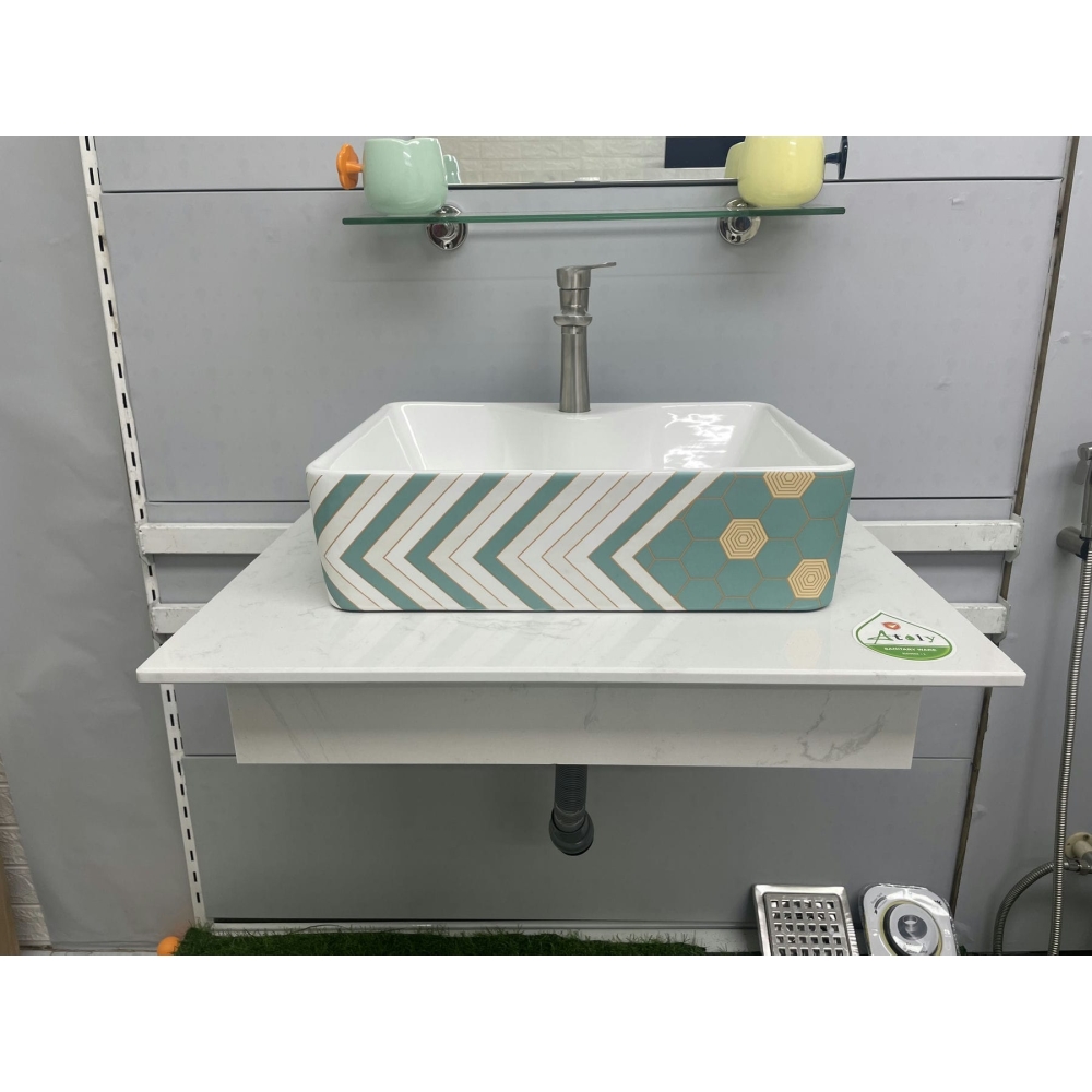 LAVABO CHẬU SỨ HOA VĂN TRẮNG KẺ XANH - 8010