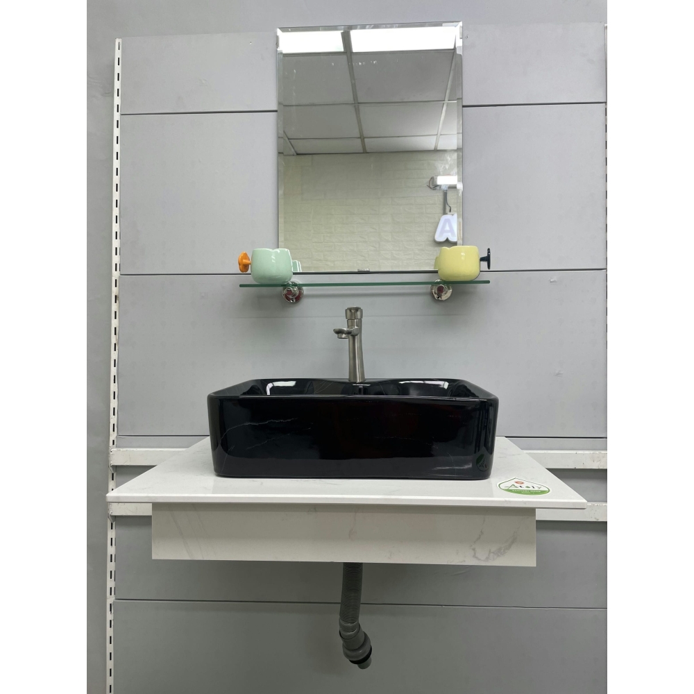 LAVABO CHẬU SỨ VUÔNG ĐEN - VÂN TRẮNG - M802-2