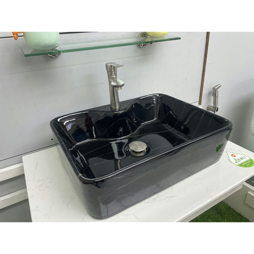 LAVABO CHẬU SỨ VUÔNG ĐEN - VÂN TRẮNG - M802-2