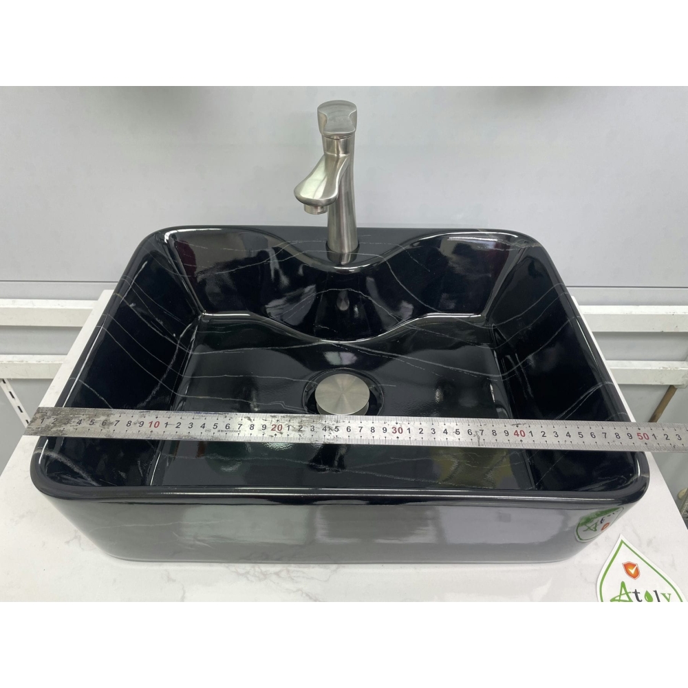 LAVABO CHẬU SỨ VUÔNG ĐEN - VÂN TRẮNG - M802-2