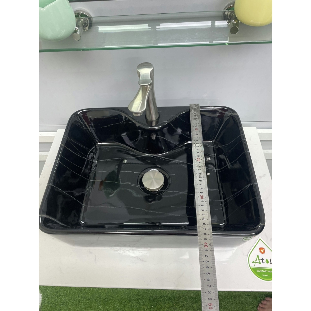 LAVABO CHẬU SỨ VUÔNG ĐEN - VÂN TRẮNG - M802-2