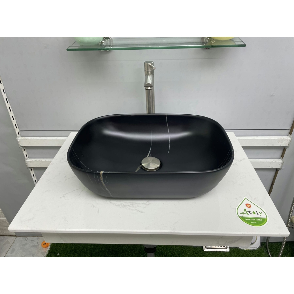 LAVABO CHẬU SỨ VUÔNG-TRÒN ĐEN VÂN TRẮNG - M9387-2