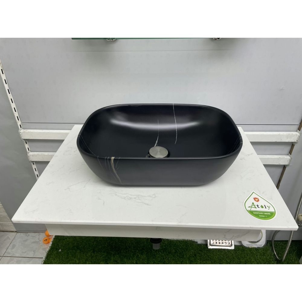 LAVABO CHẬU SỨ VUÔNG-TRÒN ĐEN VÂN TRẮNG - M9387-2