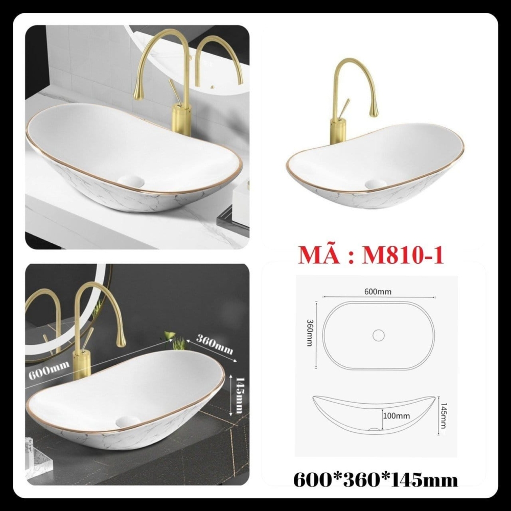 Lavabo thuyền - Vân Trắng viền vàng Mã SP M810-1